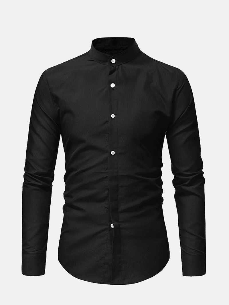 Mens Casual Business Stand Collar Slim Fit Long Sleeve Solid Color Shirts