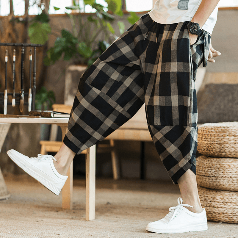 Mens Plaid Cotton Linen Loose Drawstring Calf-Length Casual Harem Pants