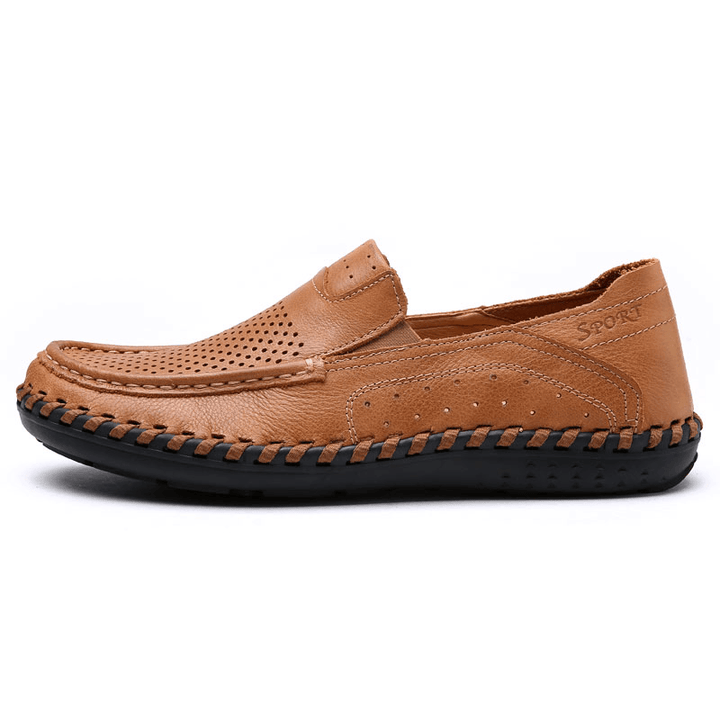 Men Leather Breathable Hollow Out Hand Stitching Soft Sole Non Slip Comfy Casual Shoes