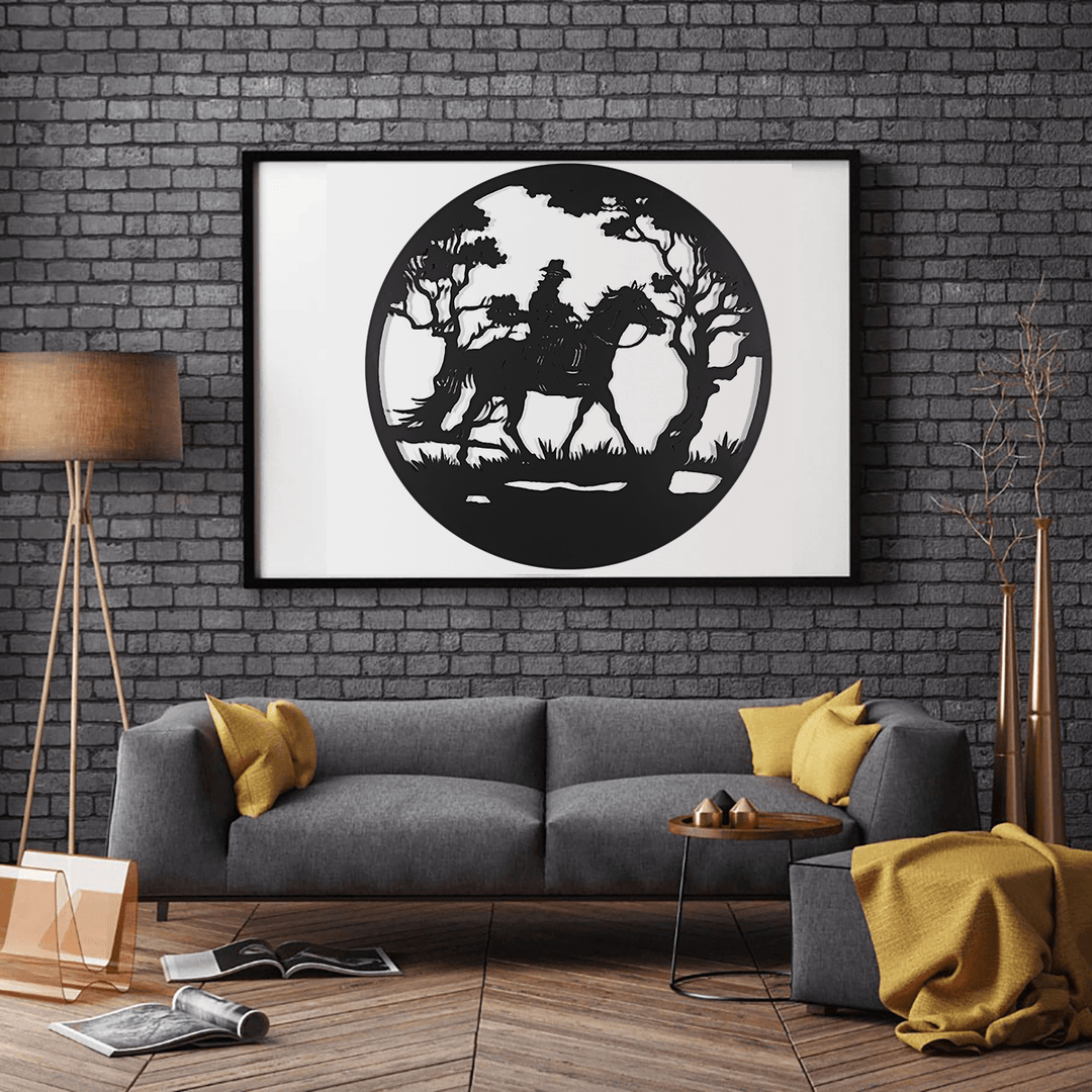 Man Riding Horse in Forest round Black Metal Wall Hanging Art Decoration Room