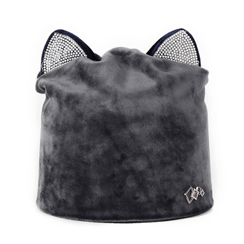 Women Velour Rhinestone Deco Cat Ear Windproof Beanie Cap