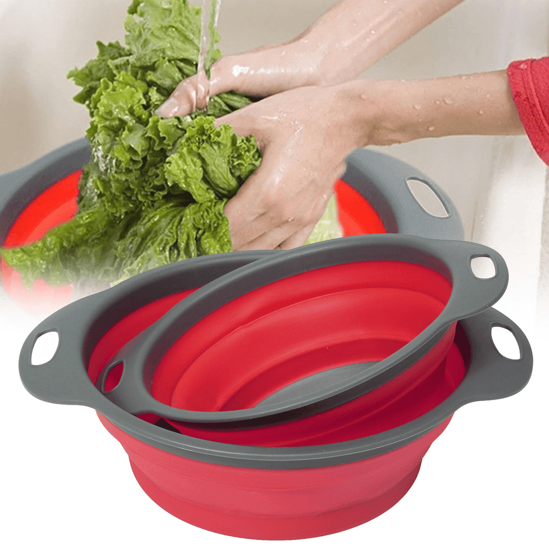 2Pcs Set Collapsible Foldable Silicone Drain Colander Fruit Vegetable Strainer Basket