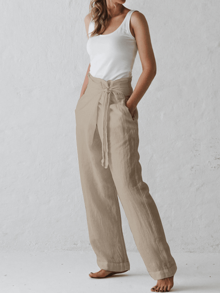 Women Cotton Belted High Waist Casual Wide Leg Harem Pants