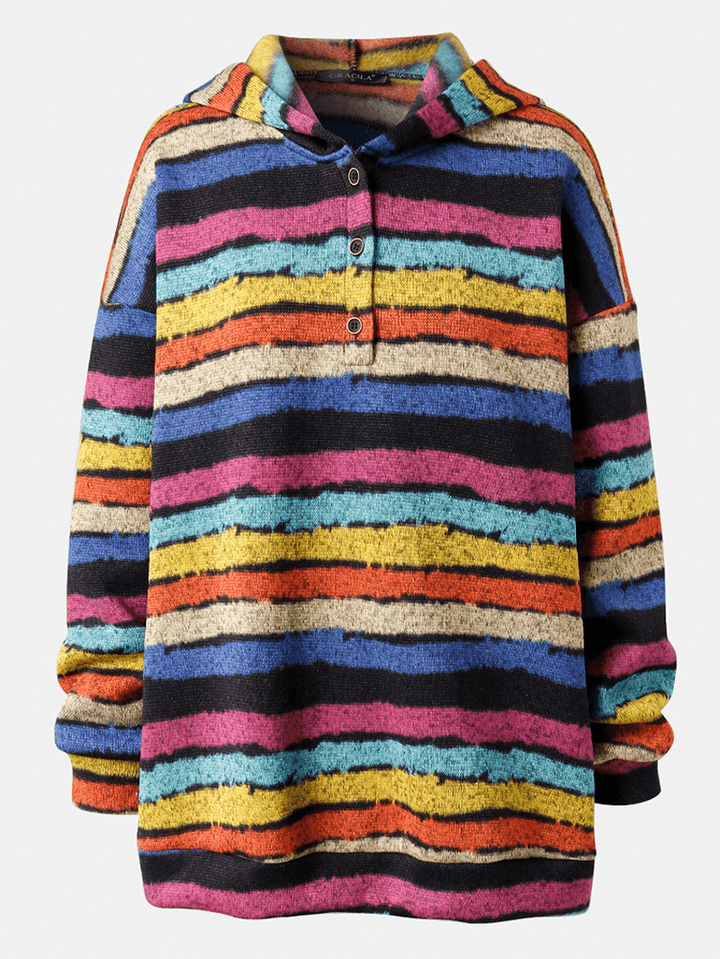 Women Half Button Colorful Horizontal Stripe Long Sleeve Casual Hoodies