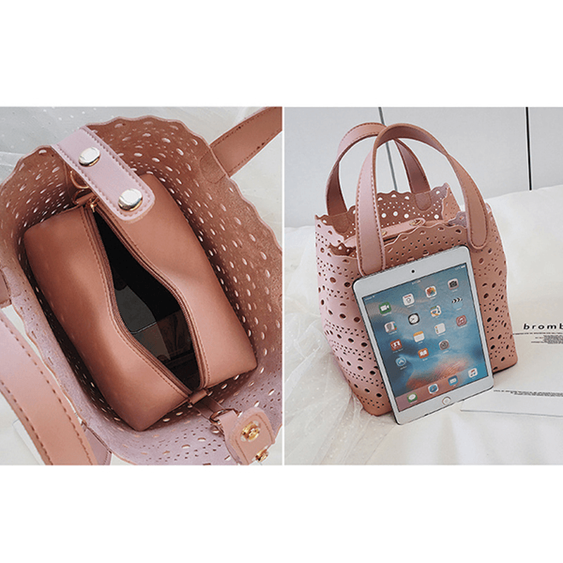 2 PCS Women Hollow Out PU Leather Bucket Bag