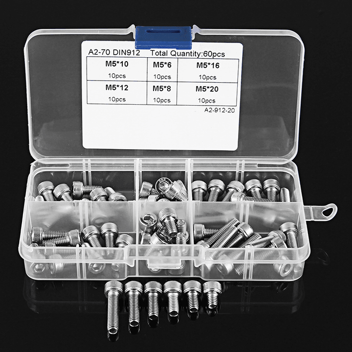 Suleve‚Ñ¢ M5SH1 60Pcs M5 Stainless Steel 6-20Mm Hex Socket Cap Head Screw Allen Bolt Assortment Kit