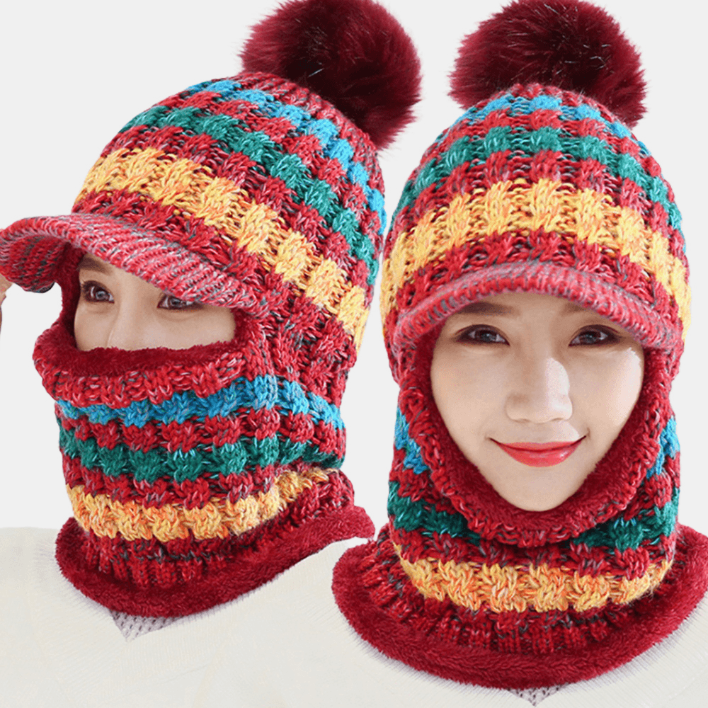 Women Wool One-Piece plus Velvet Thicken Warm Windproof Neck Face Protection Riding Knitted Hat Baseball Hat - MRSLM