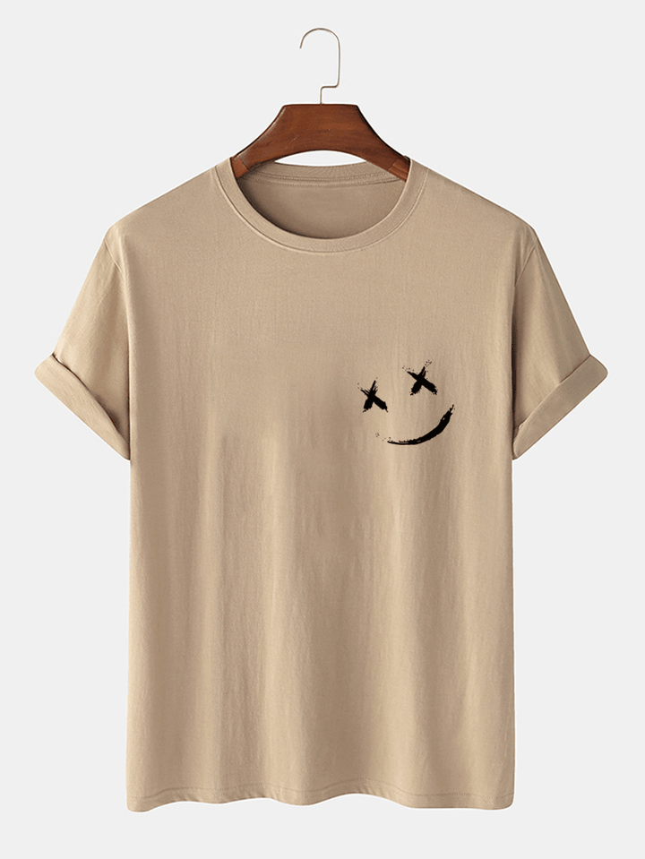 Mens Smile Chest Print O-Neck Casual Loose Short Sleeve T-Shirt