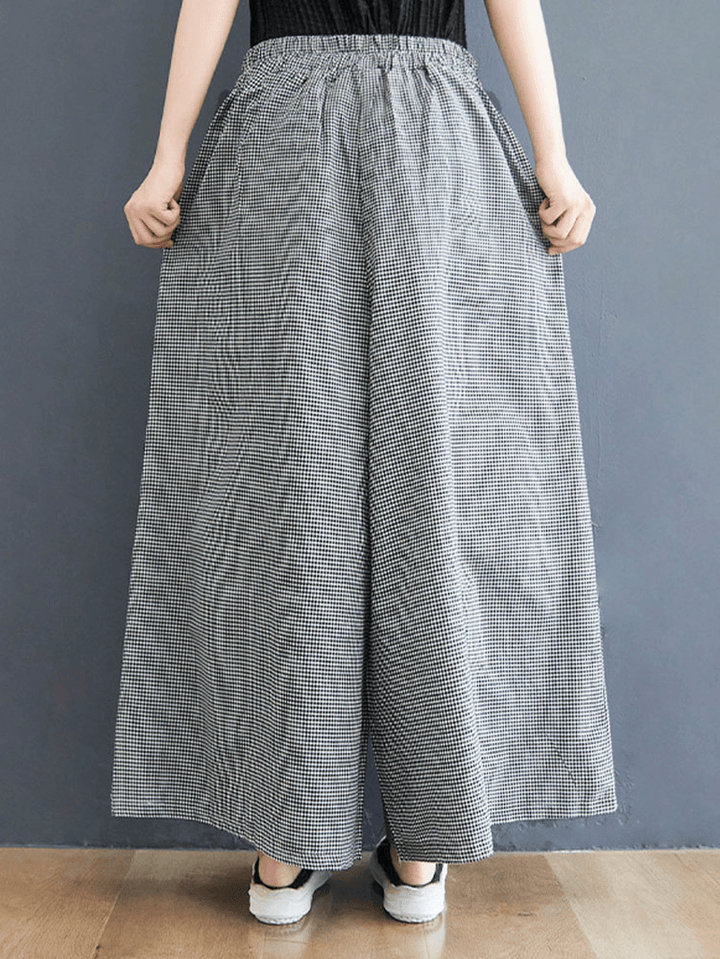 Women Plaid Wide-Legged Side Pocket Elastic High Waist Ankle Length Palazzos Pants - MRSLM