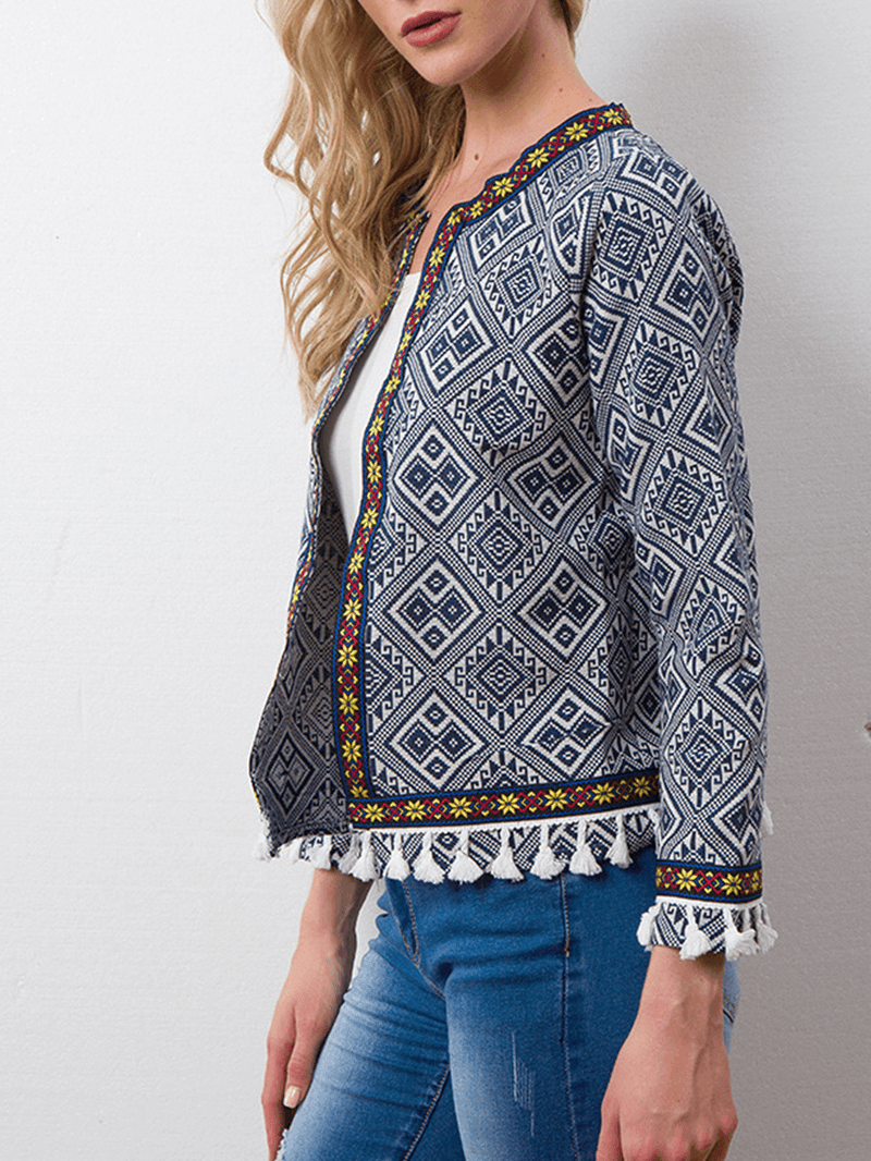 Ethnic Print Tassel Long Sleeve Coats