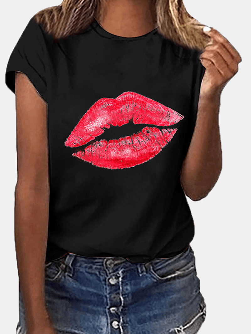 Women Casual Crew Neck Lips Print Short Sleeve Basic Tee T-Shirts