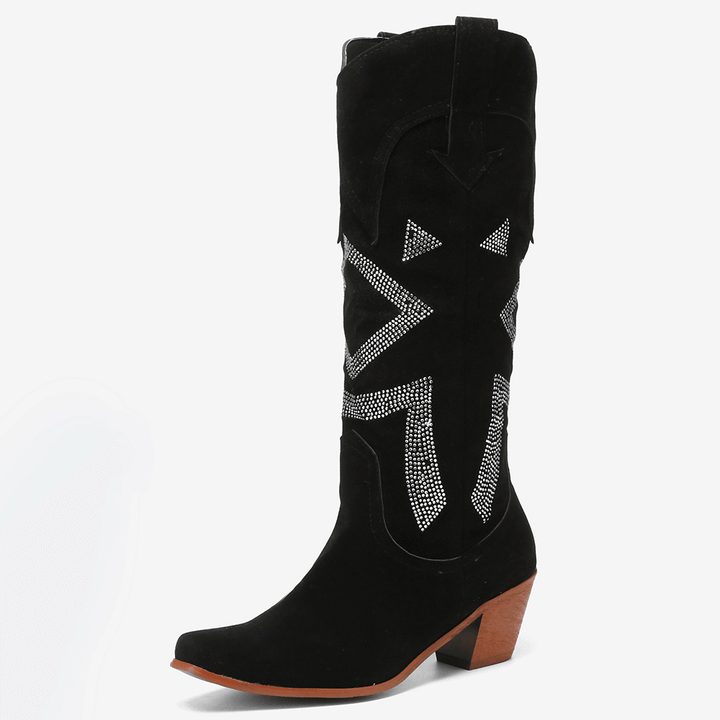 Plus Size Women Suede Rhinestone Chunky Heel Knee Cowboy Boots - MRSLM