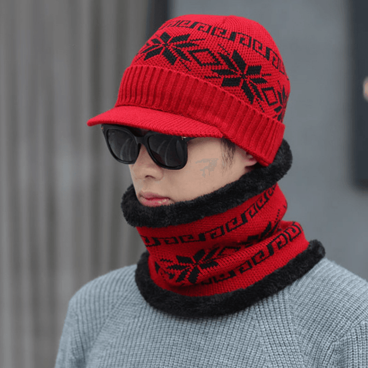 Unisex Men Winter Windproof Knit plus Velvet Hat Scarf Set