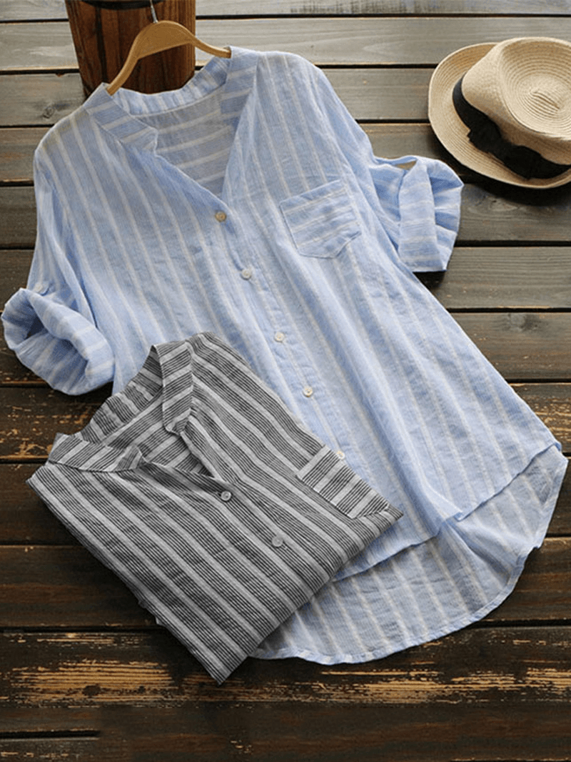 Women Stripe V-Neck Buttons 3/4 Fold Sleeve Irregular Blouse