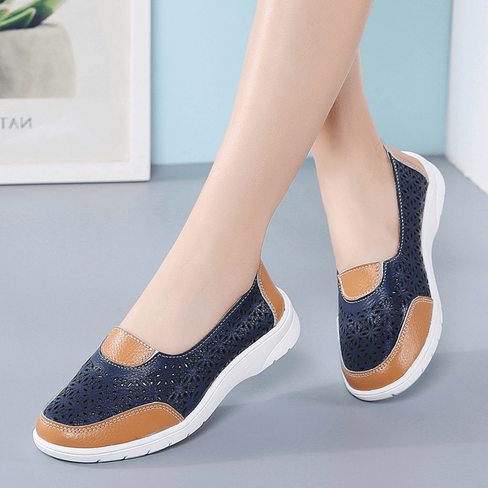 Women Hollow Leather Slip on Solid Color Soft Sole Flats