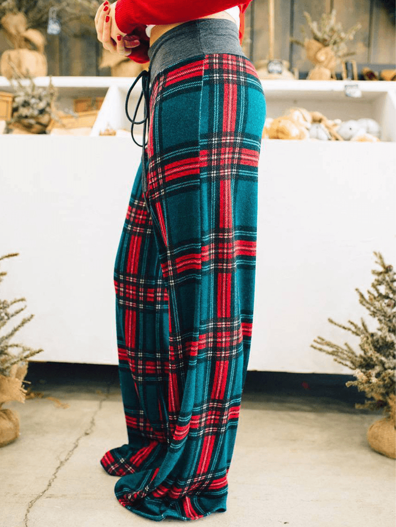 Women Plaid Print Casual Loose High Waist Wide Leg Pants