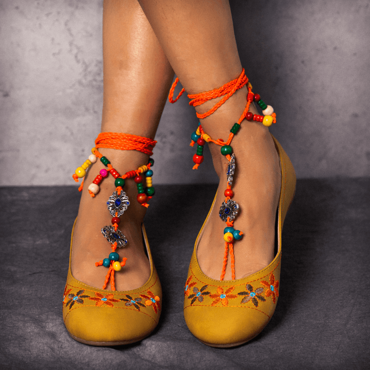 LOSTISY Exotic Style Embroidered Beaded Chain Yellow Casual Bohemia Flats