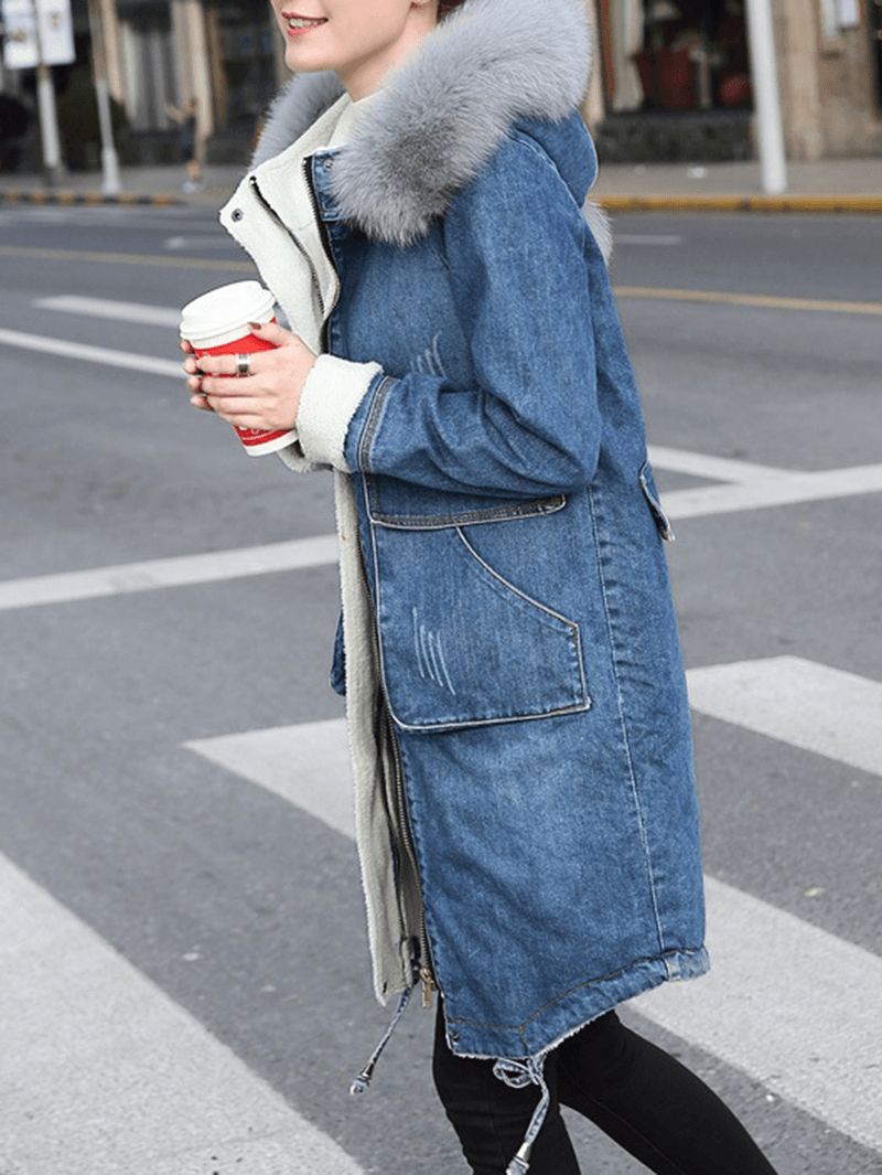 Casual Women Faux Fur Collar Double Pocket Thick Denim Coat