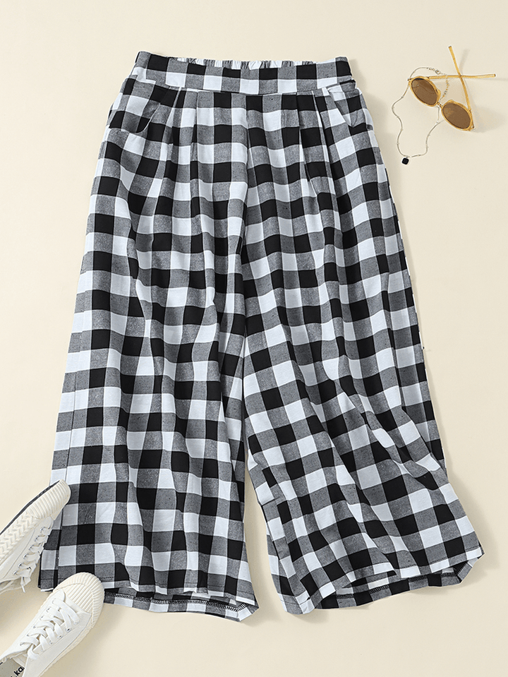 Women Plaid Wide-Legged Side Pocket Elastic High Waist Ankle Length Palazzos Pants