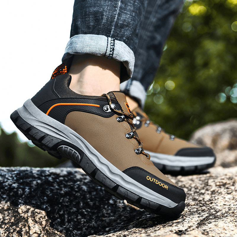 Men Leather Lace-Up Low-Top Soft Sole Comfy Non Slip Outdoor Climbing Casual Sport Hiking Shoes