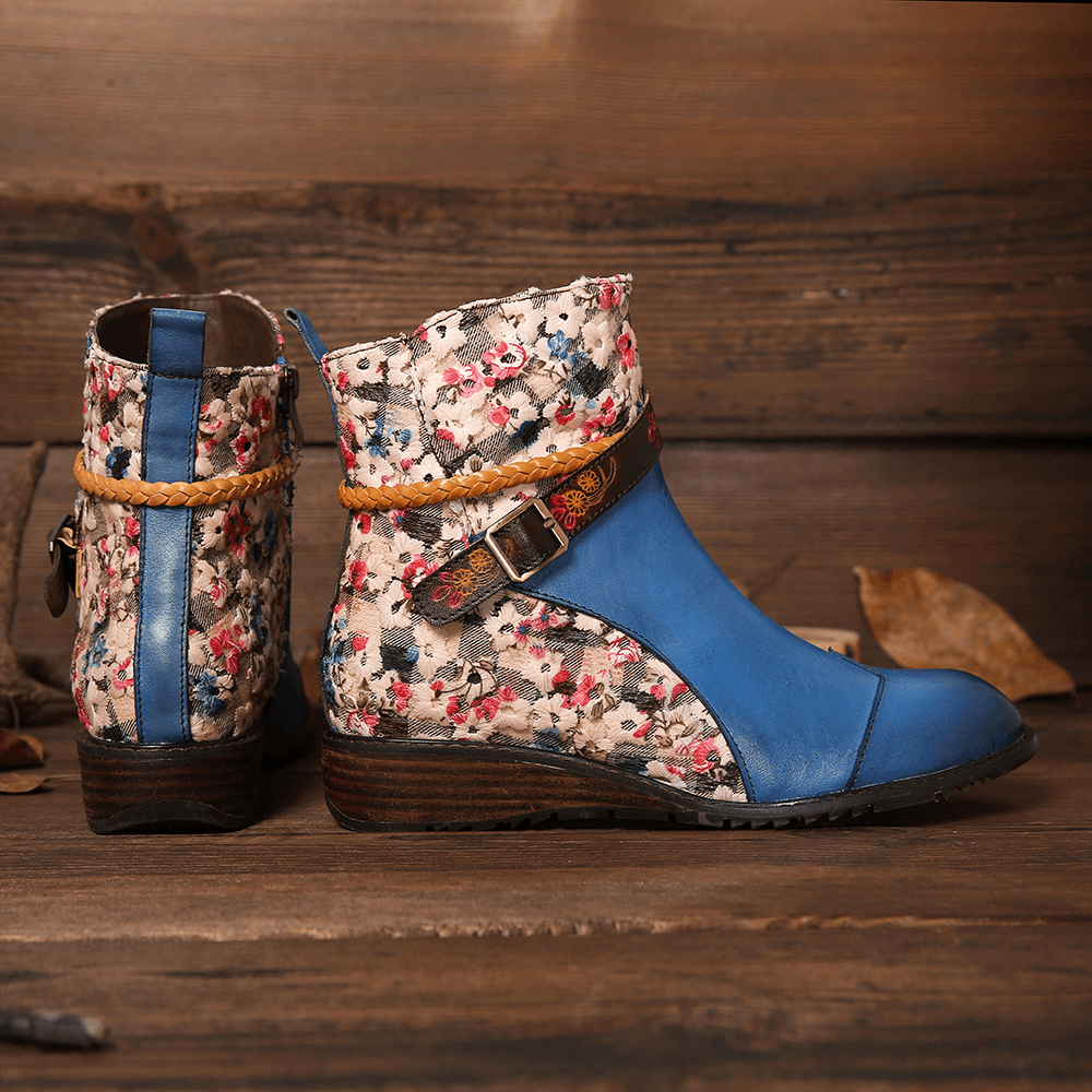 Women Retro Buckle Weaving Stitching Ankle Boots