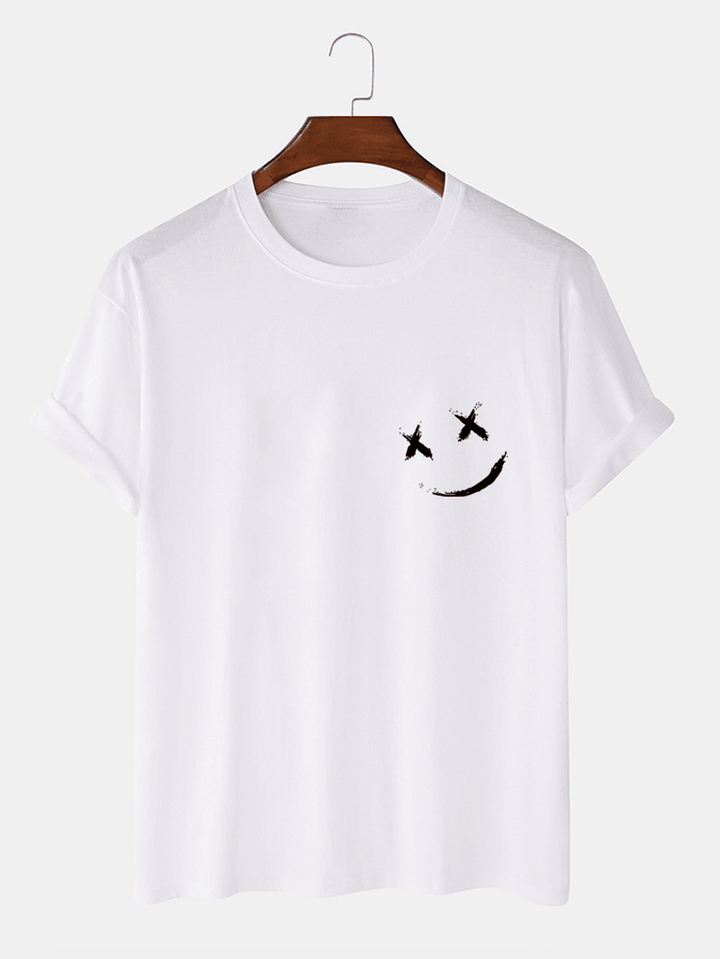 Mens Smile Chest Print O-Neck Casual Loose Short Sleeve T-Shirt