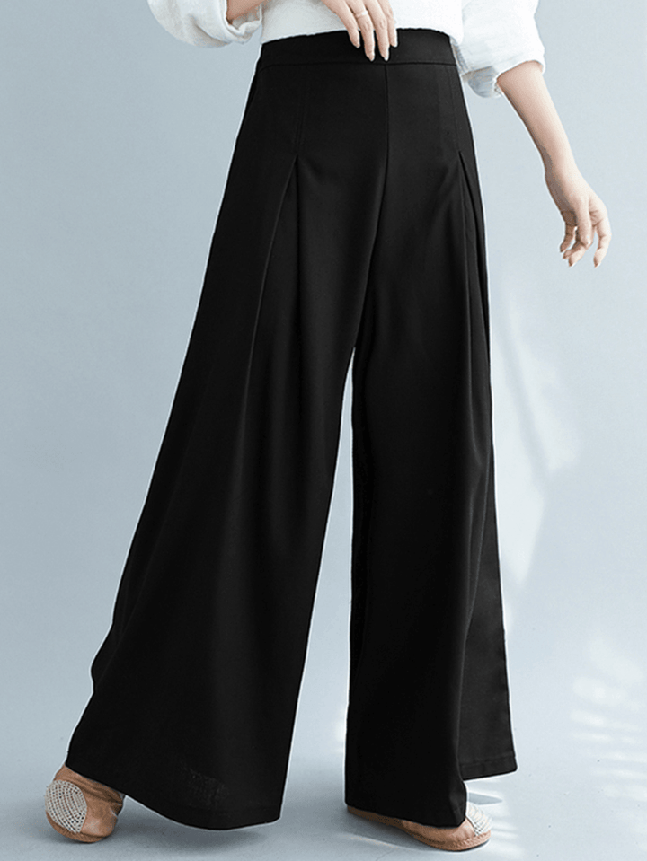 Women's Loose Fit Wide Leg Pants - Solid Color with Pleats, Pockets and Elastic Waist