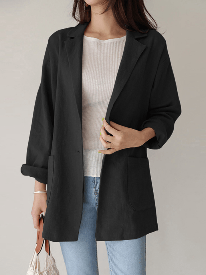 Women Plain Turn-Down Collar Casual Stylish Long Sleeve Blazer with Pockets - MRSLM