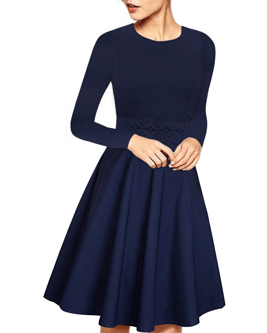 Women Elegant Long Sleeve Lace Patchwork Midi a Line Dress