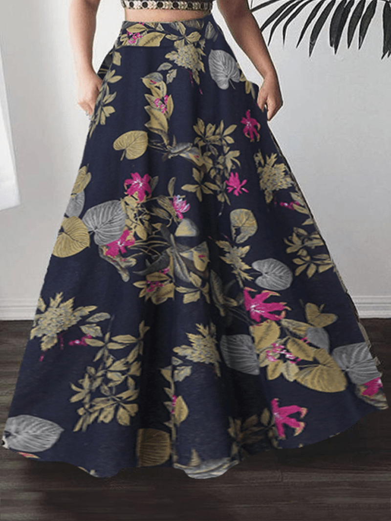 Women 100% Cotton Plant Floral Print High Waist Bohemia Maxi Skirts