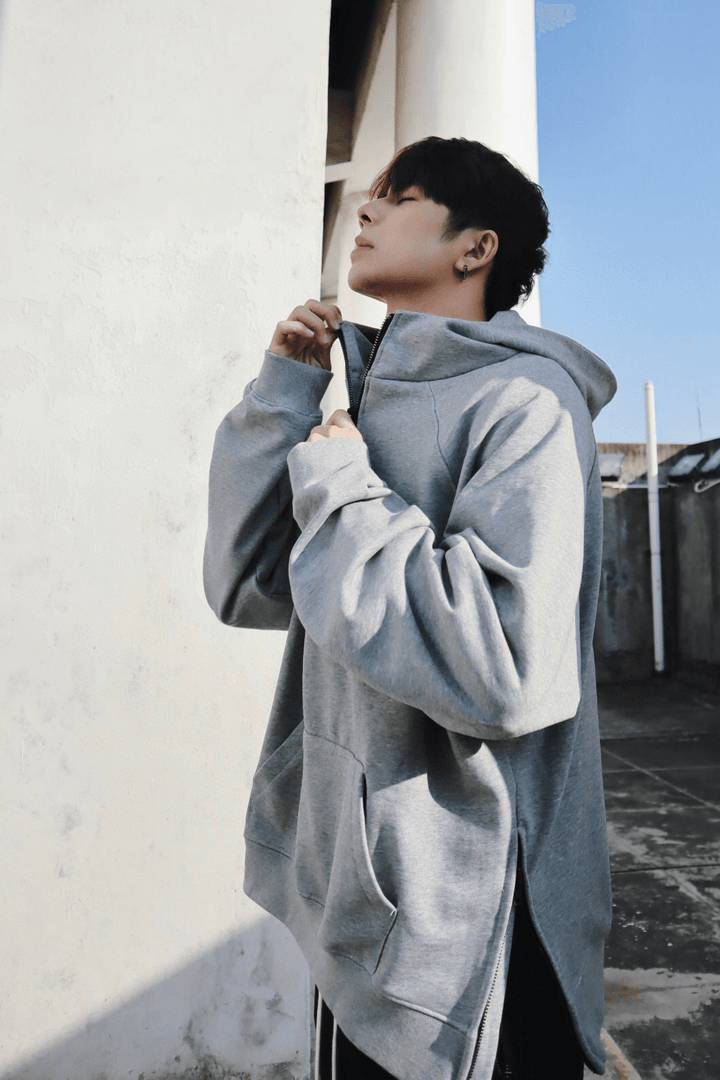 Half-High Neck Hooded Sweatshirt with Split Zipper