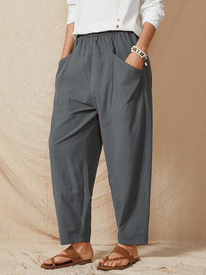 Pure Color Elastic Waist Pocket Plain Casual Cotton Women Harem Pants