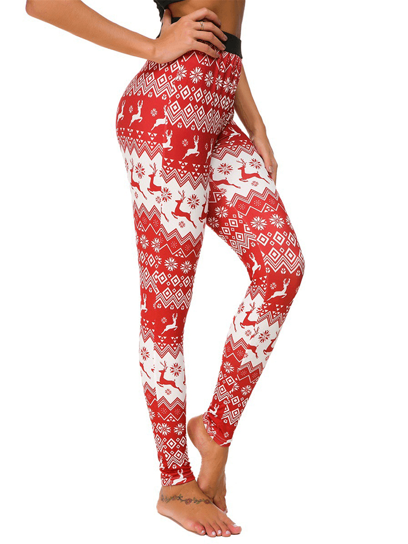 Women Slim Elastic Waist Elk Christmas Printed Leggings - MRSLM