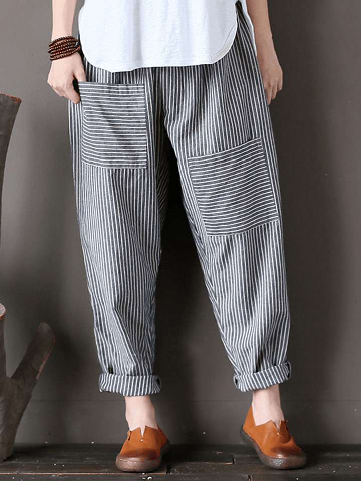 Women Stripe Elastic Waist Casual Loose Harem Pants