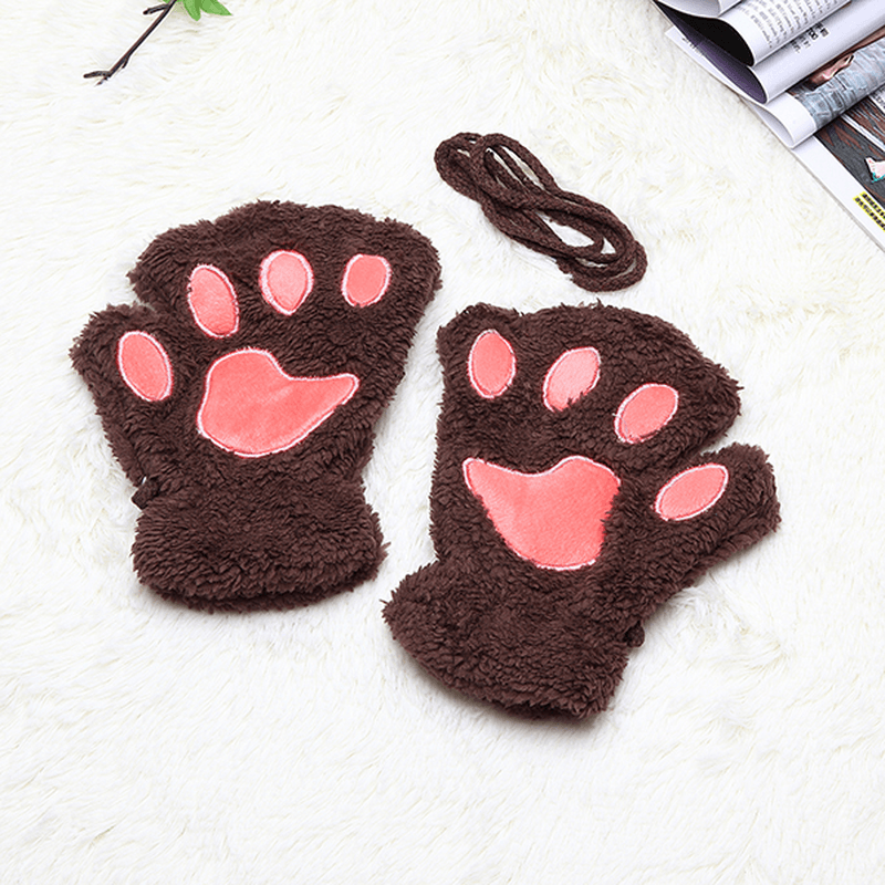 Women Girls Fluffy Plush Bear Cat Paw Fingerless Gloves Paw Glove Winter Warm Mittens - MRSLM