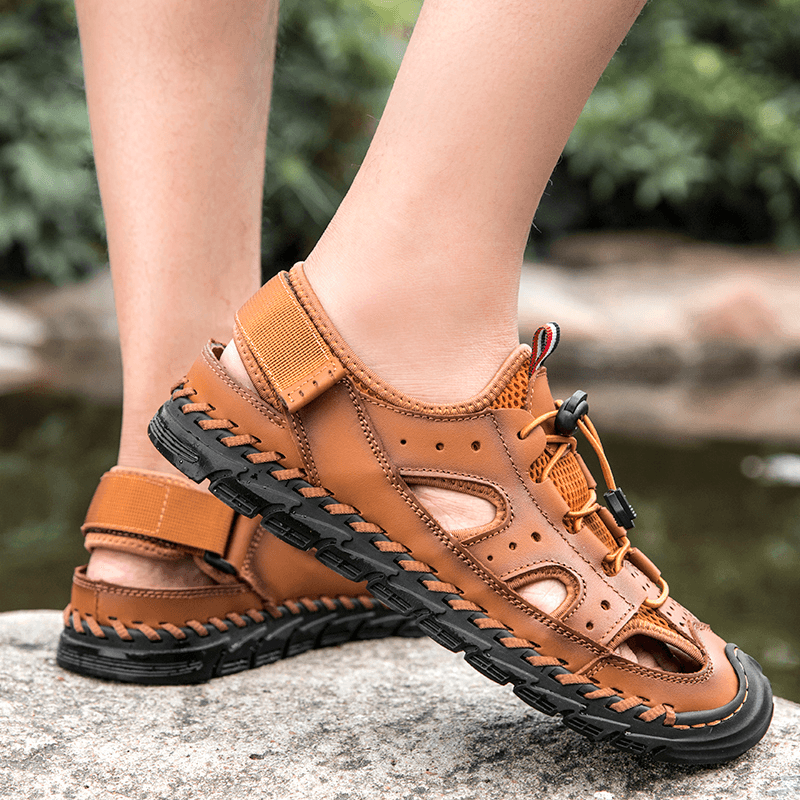 Men Cowhide Leather Breathable Mesh Hand Stitching Non Slip Soft Casual Outdoor Sandals