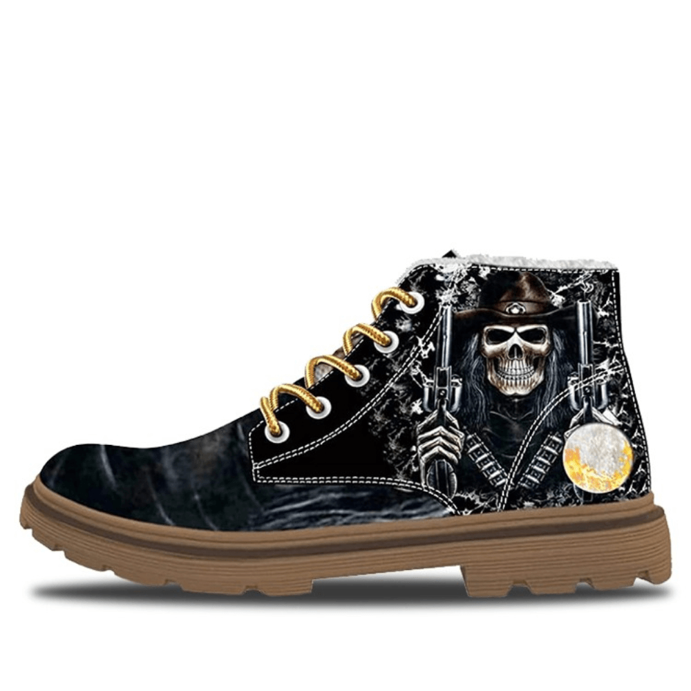 Men Leather Halloween Funny Skull Printing Non Slip Comfy Casual Martin Ankle Boots