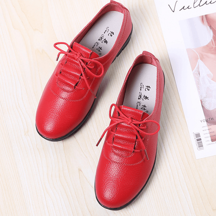 Women Non-Slip Solid Color Leather Lace-Up Soft Sole Flats