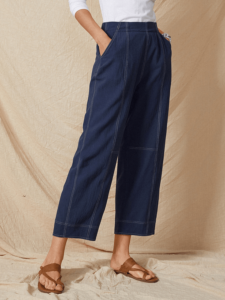 Solid Color Elastic Waist Casual Cotton Straight Leg Loose Women Pants