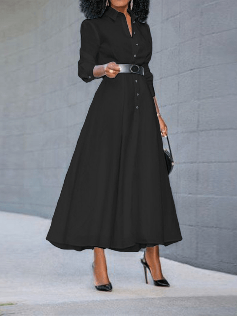 Women Basic Button down Front Lapel Solid Color Long Sleeve Shirt Dress