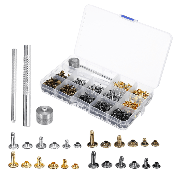 600PCS Leather Craft Double Cap Rivets Tubular Metal Studs Fixing Tools DIY Kit