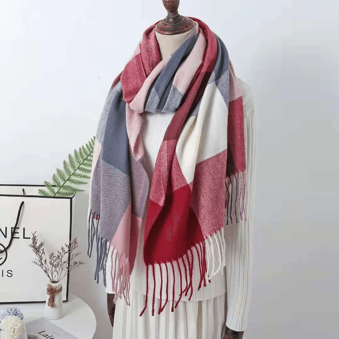 Cashmere Check Scarf Mid-Length Thick Warmth Tassel Shawl