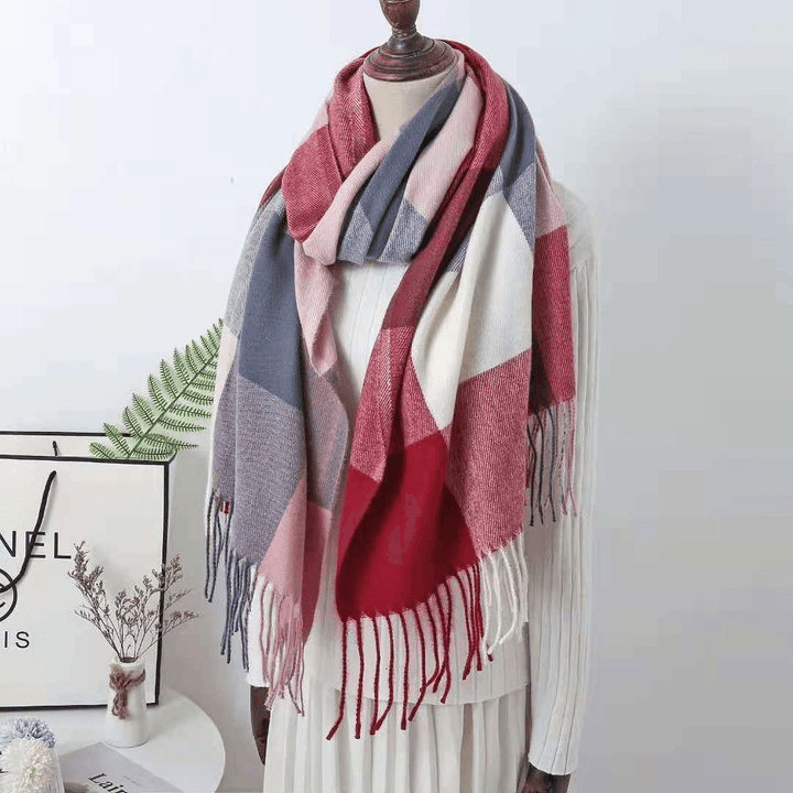 Cashmere Check Scarf Mid-Length Thick Warmth Tassel Shawl