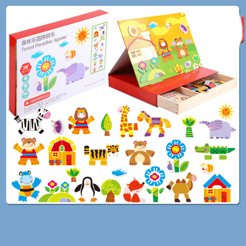 Multifunctional Puzzle Drawing Board Magnetic Sticker Toy Children Wooden