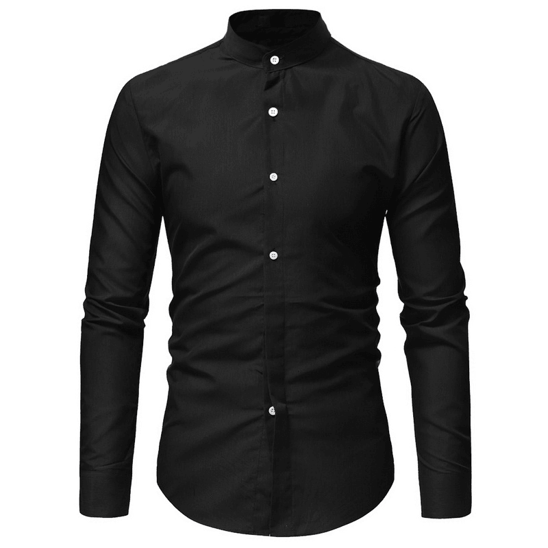 Mens Casual Business Stand Collar Slim Fit Long Sleeve Solid Color Shirts