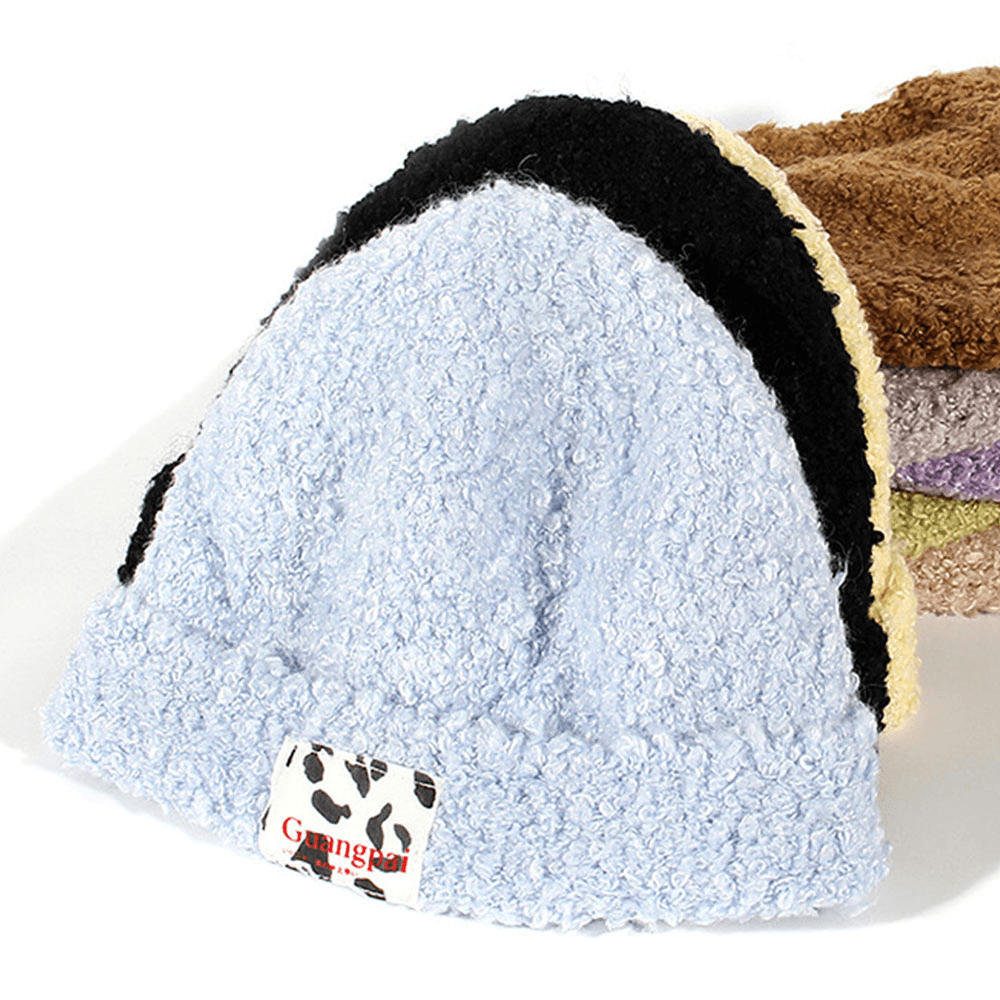 Women Teddy Velvet Solid Color Cow Pattern Letter Cloth Label Warmth Beanie Hat