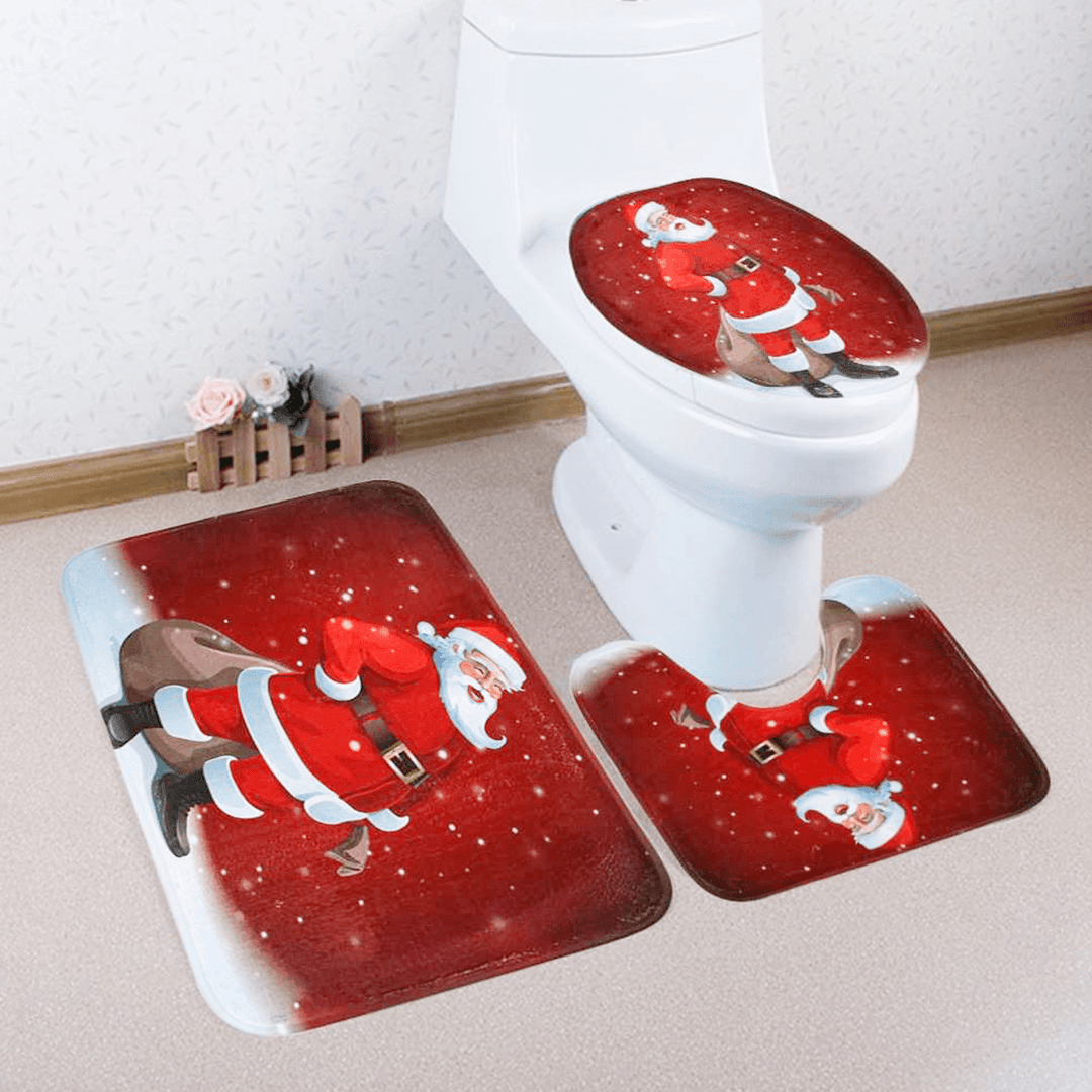 3PCS Christmas Snowman Toilet Mat Set Non-Slip Waterproof Bathroom Door Mat Set