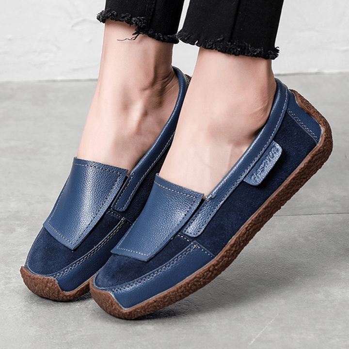 Women Comfy Leather Splicing Soft Slip on Flat Loafers