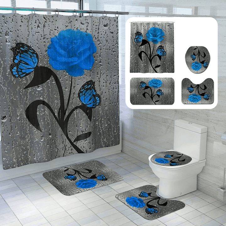 Bathroom Shower Curtain Waterproof Rings Hook Lid Toilet Cover Set 180X180Cm