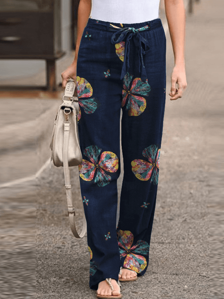 Women Vintage Print Lace-Up Elastic Waist Wide-Legged Pants with Side Pockets